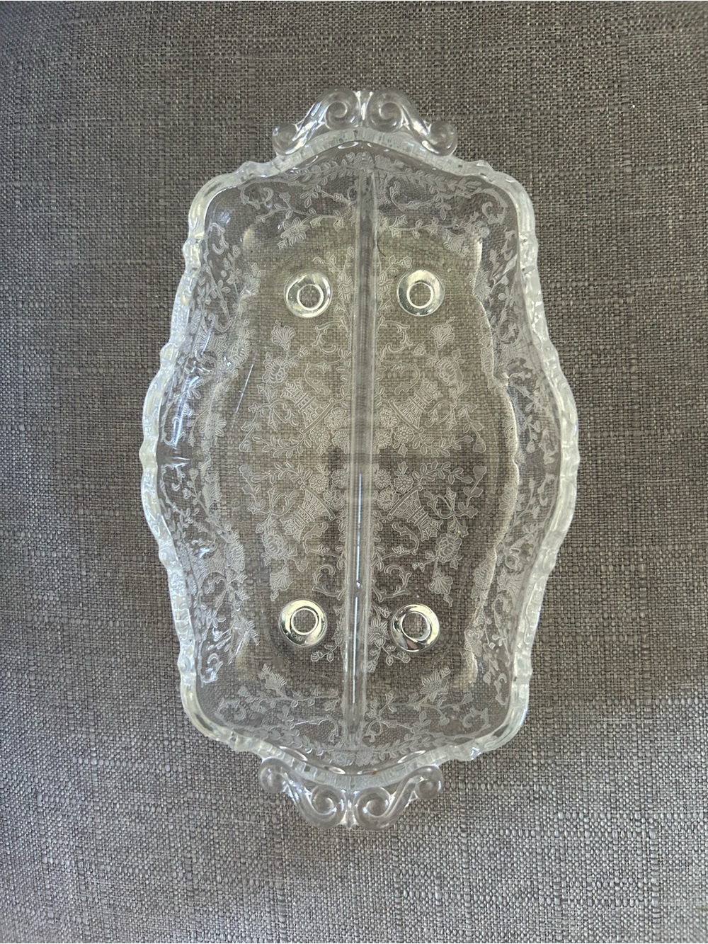 Clear Etched Glass Double footed Dish perfect for jewelry on a dresser top